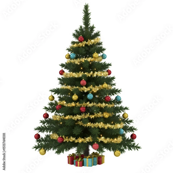 Obraz A Festive Christmas Tree Gleaming Ornaments and Golden Garland isolated on transparent background