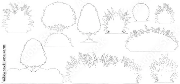 Fototapeta silhouette trees shrubs and bushes. isolated on white background Minimal style cad tree and bushes line drawing vector	
