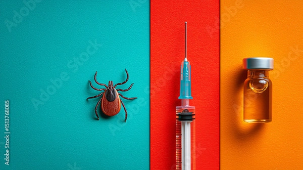 Fototapeta dear tick vaccine against tick-borne diseases – syringe, vial, and realistic tick on colorful background, perfect for medical articles, health campaigns, and vaccination awareness