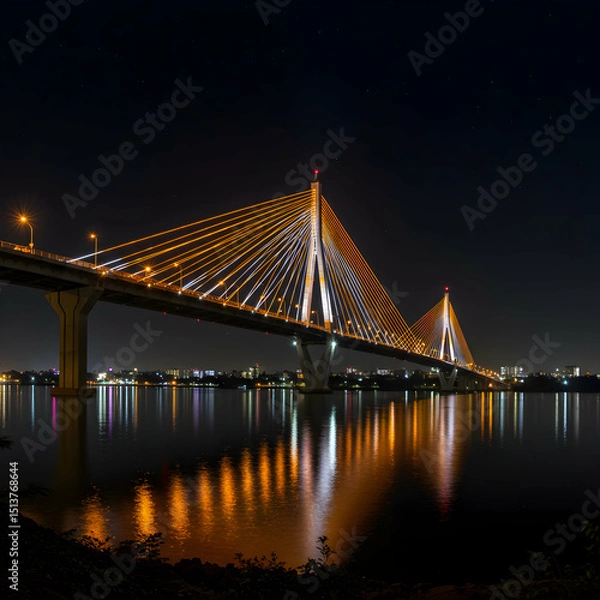 Fototapeta Nighttime Majesty: Illuminated Cable-Stayed Bridge