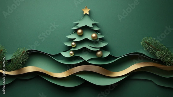 Obraz Embracing the serene Christmas spirit with an elegant papercraft tree against a tranquil backdrop of festive harmony and