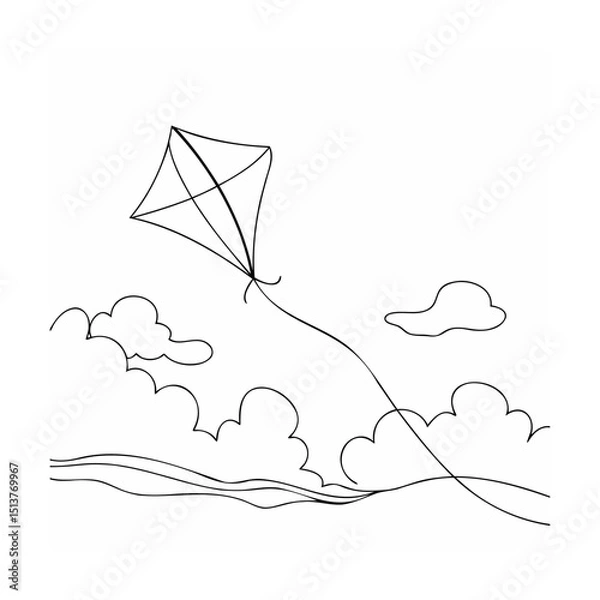 Obraz Simple black and white illustration of a kite flying in the sky with clouds