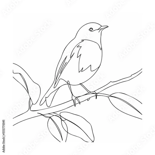 Fototapeta Elegant single line drawing of a bird perched on a branch with leaves in minimalist style