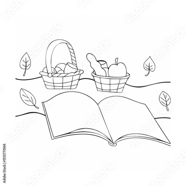 Obraz Black and white picnic scene with baskets filled with food and open book illustration