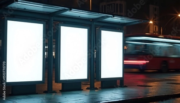 Fototapeta Bus stop billboards with blank copy space for advertising. Empty mock up Lightbox for information, clear display. Urban city street with blurred bus at night.