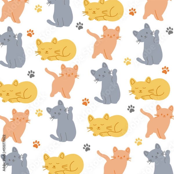 Fototapeta Seamless pattern of cute hand drawn cartoon cats. Paw prints and colorful feline doodles. Adorable animal background for kids, pet lovers, nursery wallpaper, fabric, and digital design. 