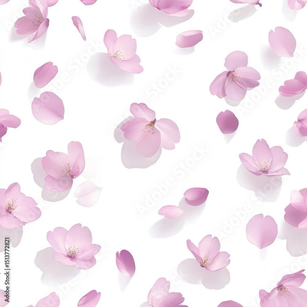 Obraz Ephemeral Blossoms: Delicate pink cherry blossoms and petals gracefully cascade, against a minimalist backdrop, creating a visual symphony of nature's fleeting beauty., seamless