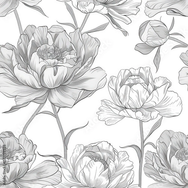 Fototapeta Elegant Peony Pattern: A grayscale illustration showcases a seamless pattern of elegant peonies, their delicate petals and stems intricately detailed, creating a sophisticated and timeless design. 