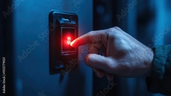Fototapeta A close-up image showing a hand activating a red light switch in a dark environment, symbolizing control, responsibility, and the power of decision-making.