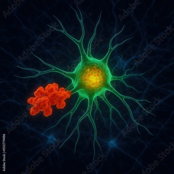 Fototapeta Microglial Cell Emitting Inflammatory Cytokines, Brain Stress Response Concept