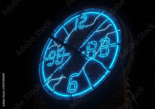 Fototapeta Neon clock face, cracked digital numbers, dark background