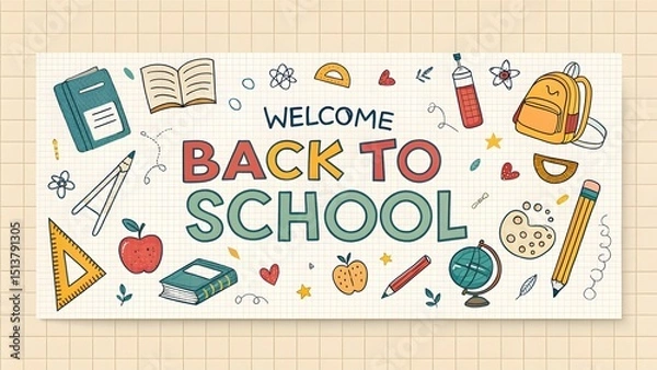 Fototapeta Creative and colorful welcome back to school horizontal banner with fun cartoon elements like books, pencils, chalkboard, and backpacks.