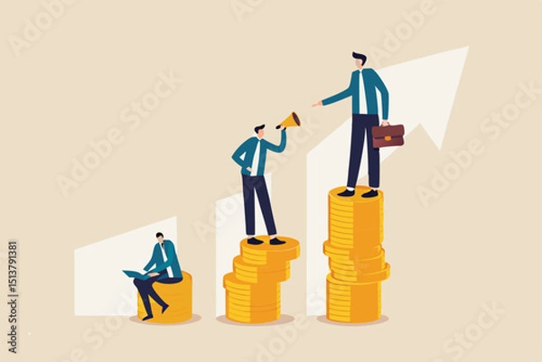 Fototapeta Income gap, inequality revenue in capitalism or career development to earn more income, middle income trap concept, businessman poor, middle and rich worker standing on stack of their wealth coins.