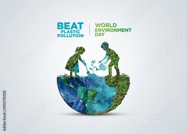Fototapeta #BeatPlasticPollution, World Environment day concept 2025 3d tree background. 