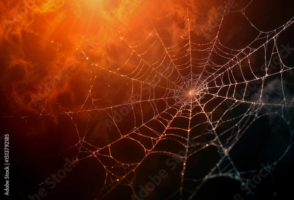 Fototapeta AI generated image of orange smoke and spiderwebs. Halloween background