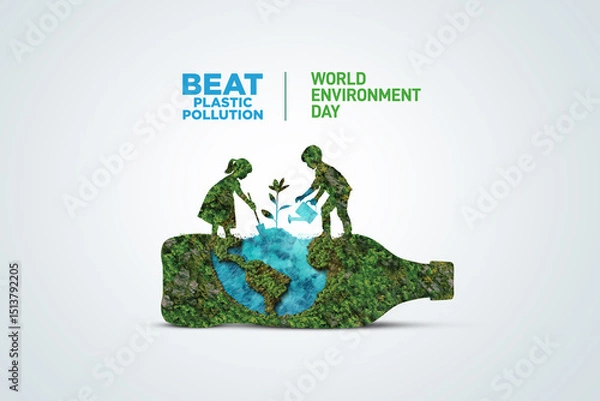Fototapeta #BeatPlasticPollution, World Environment day concept 2025 3d tree background. 