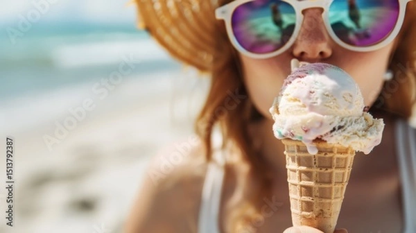 Fototapeta A bright and delightful image of a woman enjoying a colorful ice cream cone on the beach, capturing the essence of summer joy, relaxation, and indulgence.