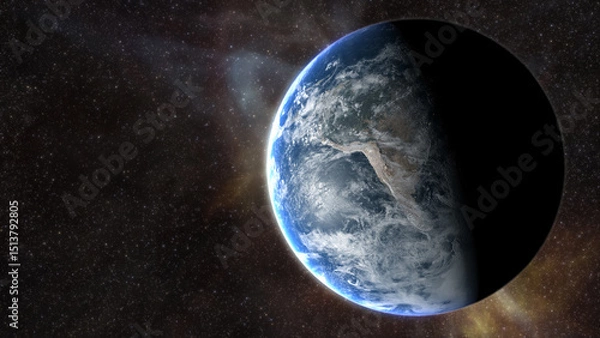Fototapeta Epic cinematic motion graphic of Earth’s sunrise from orbit, showcasing a glowing blue atmosphere, dramatic lighting, twinkling stars, and vibrant colorful nebula clouds in the vast deep cosmos