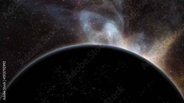Fototapeta Epic cinematic motion graphic of Earth’s sunrise from orbit, showcasing a glowing blue atmosphere, dramatic lighting, twinkling stars, and vibrant colorful nebula clouds in the vast deep cosmos