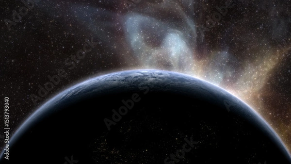 Fototapeta Epic cinematic motion graphic of Earth’s sunrise from orbit, showcasing a glowing blue atmosphere, dramatic lighting, twinkling stars, and vibrant colorful nebula clouds in the vast deep cosmos