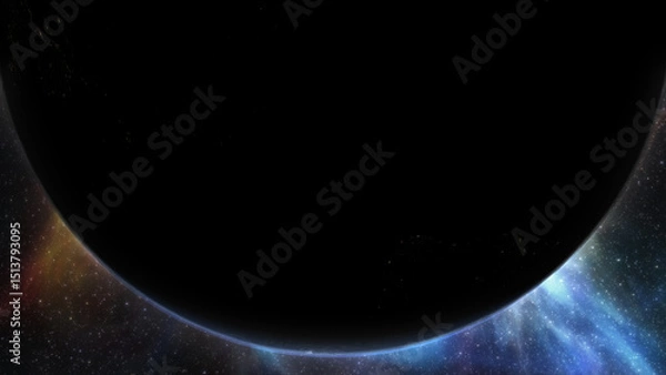 Fototapeta Epic cinematic motion graphic of Earth’s sunrise from orbit, showcasing a glowing blue atmosphere, dramatic lighting, twinkling stars, and vibrant colorful nebula clouds in the vast deep cosmos