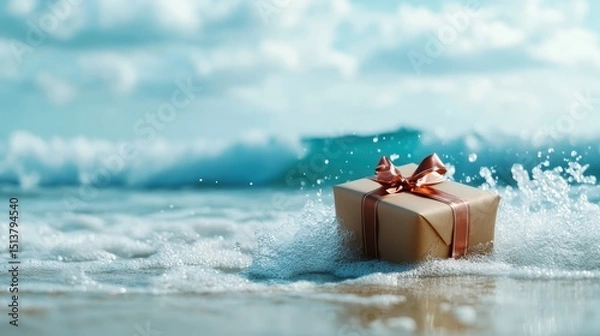 Fototapeta A beautifully wrapped gift box partially submerged in ocean waves on a beach, symbolizing surprise and adventure amidst nature's beauty and serenity.