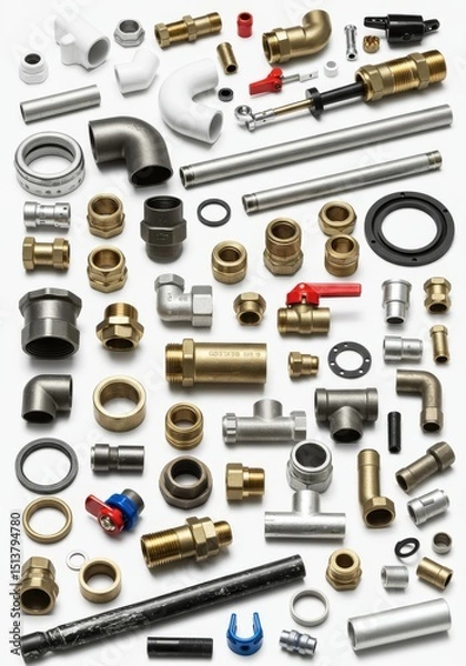 Obraz Plumbing Fittings and Pipes Collection 2025-05-17 - Assortment of plumbing parts, showcasing various connectors, valves, and pipes. Symbolizing: connection, flow, regulation, durability