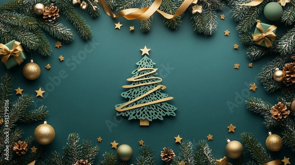Obraz Celebrating the magic of Christmas a beautiful handmade tree surrounded by festive foliage ribbons and golden stars on a