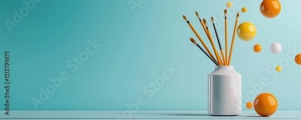 Fototapeta Minimalist still life with a glass of orange juice, a palm leaf, and a white vase on a yellow background.