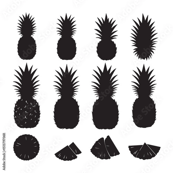 Fototapeta Silhouette set of pineapple on white backgroudnd