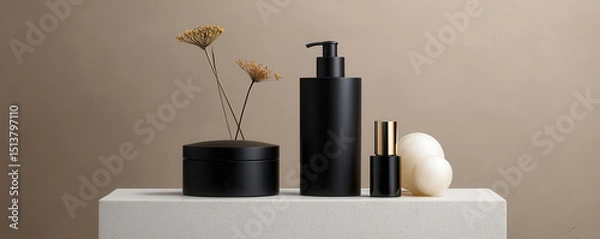 Fototapeta Minimalist black bottles with pump and cap on a white platform.
