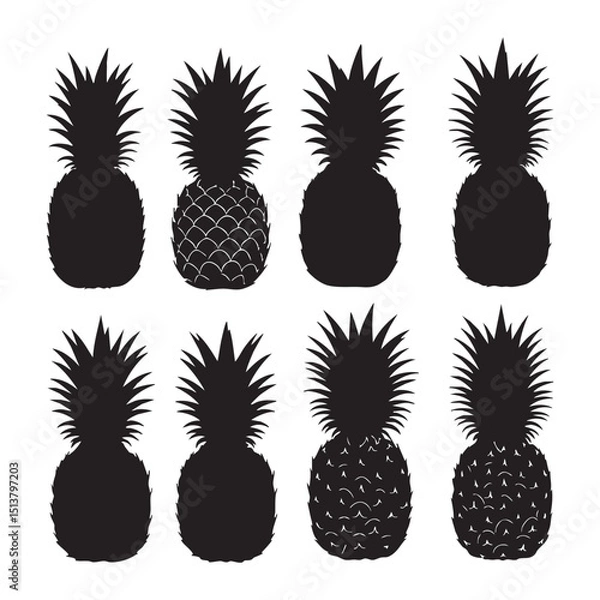 Fototapeta Silhouette set of pineapple on white backgroudnd