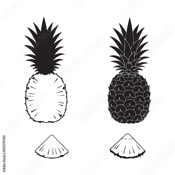 Fototapeta Silhouette set of pineapple on white backgroudnd