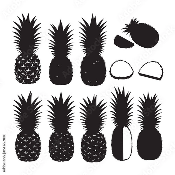Fototapeta Silhouette set of pineapple on white backgroudnd