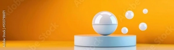 Fototapeta White sphere on a white platform with a yellow background and white orbs flying around
