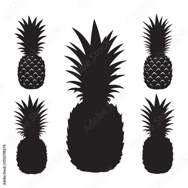 Fototapeta Silhouette set of pineapple on white backgroudnd
