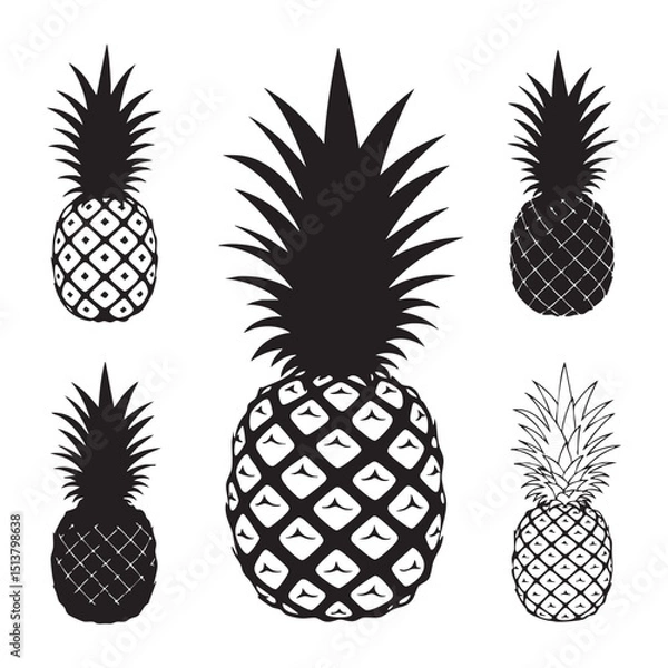 Fototapeta Silhouette set of pineapple on white backgroudnd