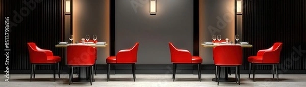 Fototapeta Four red chairs with armrests around two tables with white tablecloths, in a modern dining room