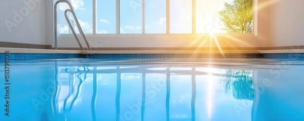 Fototapeta Sun reflecting on a swimming pool with a handrail.