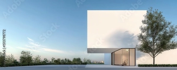 Fototapeta Modern white building with large windows and a tree in front.