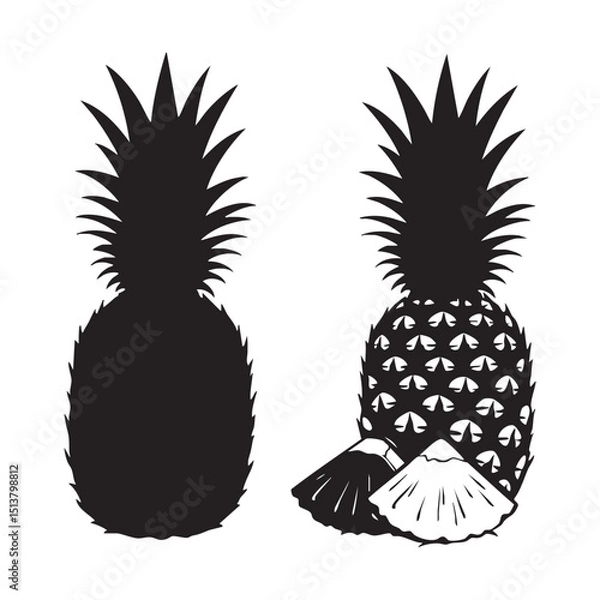 Fototapeta Silhouette set of pineapple on white backgroudnd
