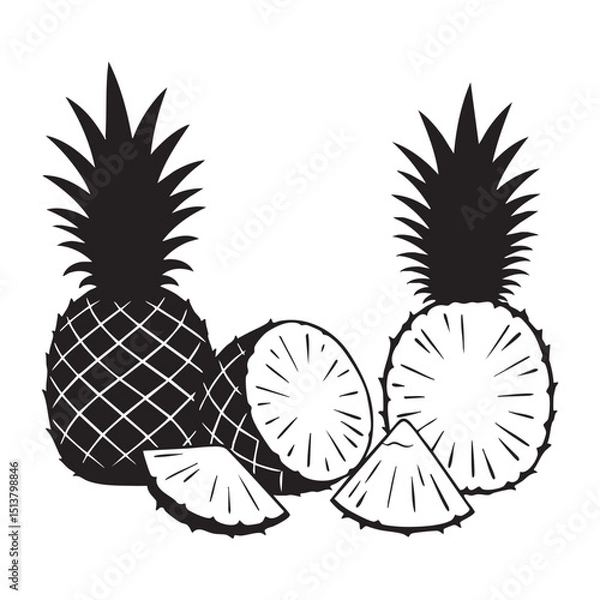 Fototapeta Silhouette set of pineapple on white backgroudnd