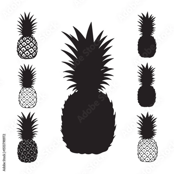 Fototapeta Silhouette set of pineapple on white backgroudnd