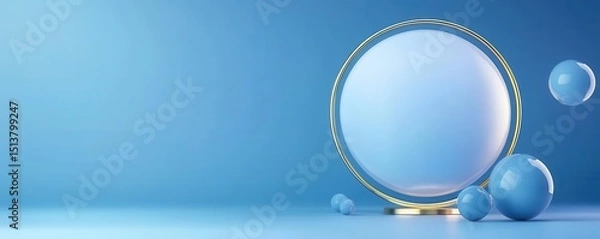 Fototapeta Abstract blue background with sphere and golden frame.