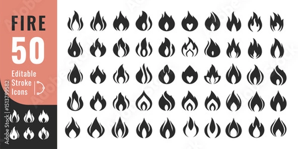 Fototapeta Fire Flame Icons Set – Solid Burn Symbol for Alert, Heat, Safety, UI Design
