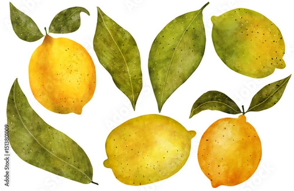 Fototapeta Hand-drawn digital watercolor set with lemons, lemon slices, and green leaves. For packaging, fabric, invitations, and branding. High-quality clipart for  creative projects on white background.