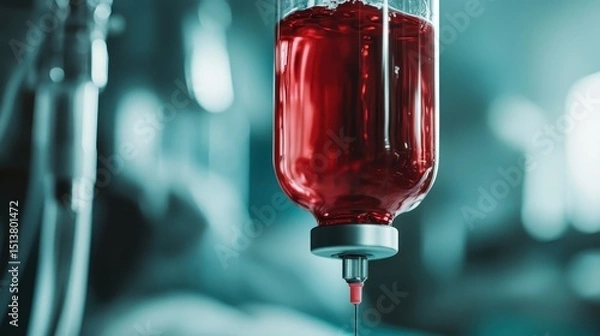 Fototapeta A close-up view of a blood-filled IV bag capturing the essence of medical care and life-saving procedures, highlighting both vulnerability and the importance of healthcare.
