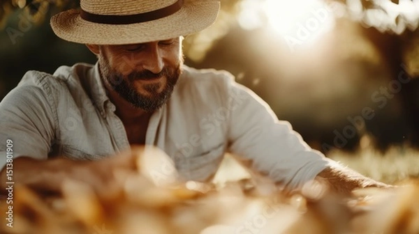 Fototapeta This image captures a smiling man wearing a hat, seated among autumn leaves, basking in the warm glow of sunset, embodying tranquility and appreciation for nature's beauty.