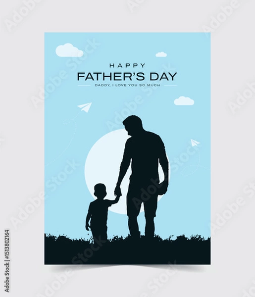 Fototapeta Happy Father's Day with dad and children silhouettes. A vector greeting card with a nice message for Father's Day