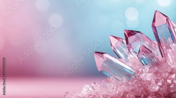 Fototapeta A stunning close-up of sparkling crystal formations against a soft gradient background of pink and blue hues, representing beauty, nature, and artistic craftsmanship.